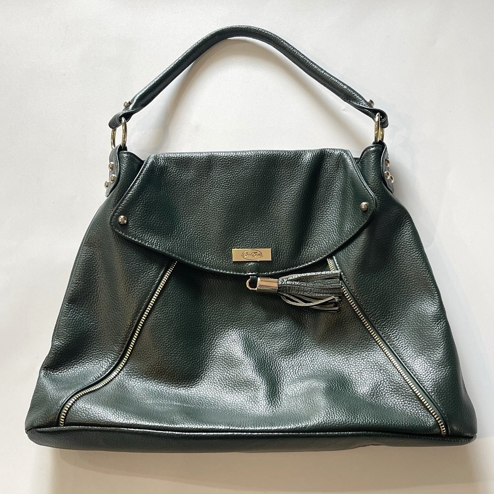 Onna Ehrlich Kelly Hobo Shoulder Bag Hunter Green Pebbled Leather Purse Tassel
